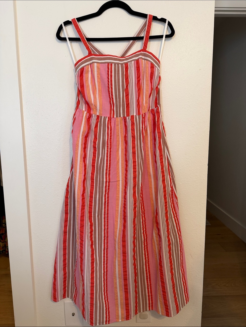 LOFT Pink and Red Striped Midi Sundress